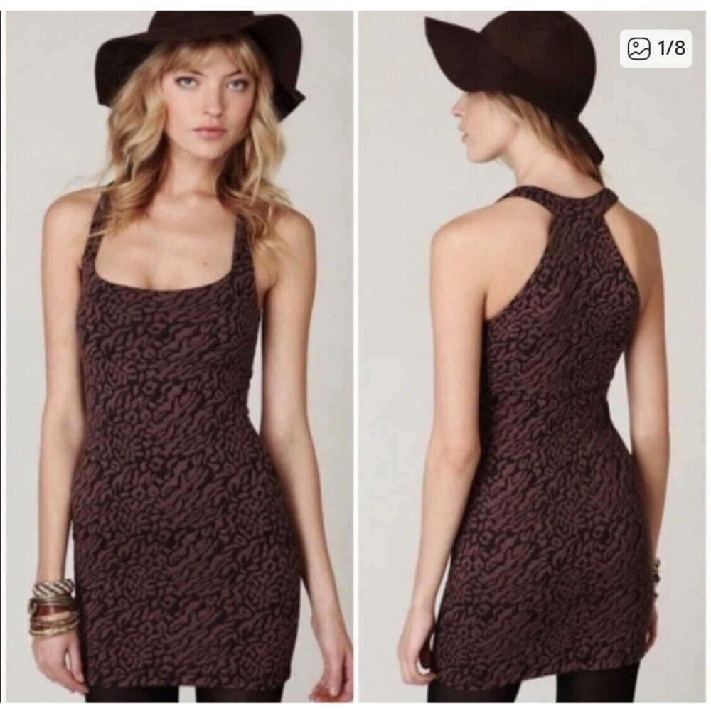 570-Free People Brown Patterned Mini‎ Dress